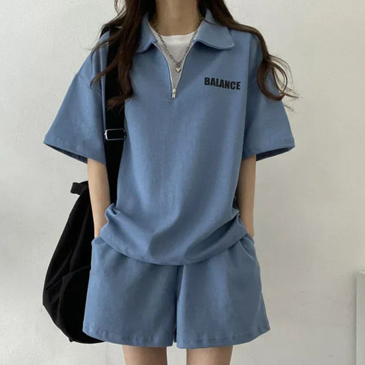 Atmungsaktives Zweiteiler-Set | lockere Passform | leichtes Shirt | Shorts mit Komfort-Blau-S-Luzern Mode