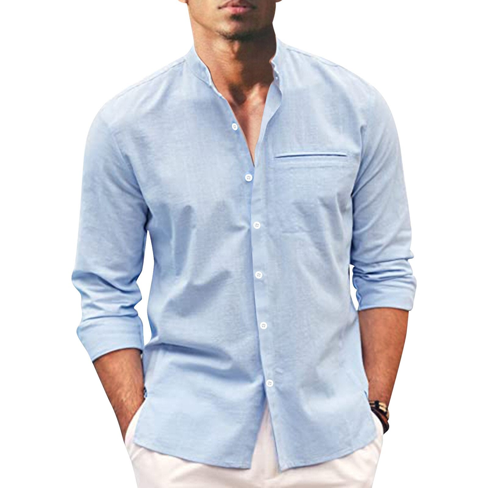 Herren Sommerhemd | Langarm | Knopfleise | Einfarbig | Oversized Fit-Blau-S-Luzern Mode