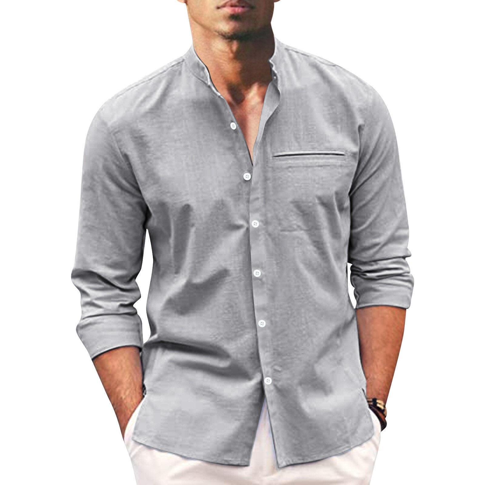 Herren Sommerhemd | Langarm | Knopfleise | Einfarbig | Oversized Fit-Grau-S-Luzern Mode