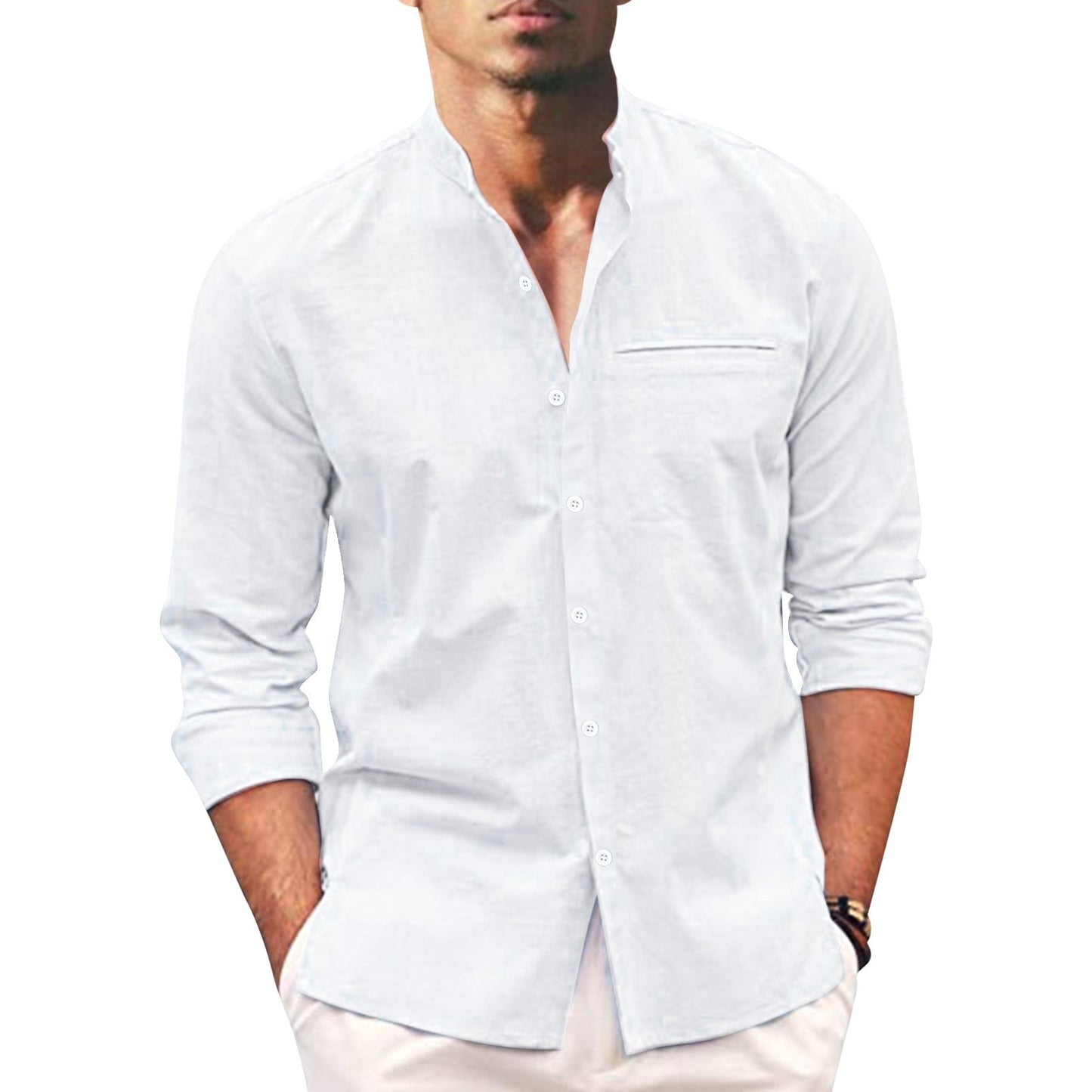Herren Sommerhemd | Langarm | Knopfleise | Einfarbig | Oversized Fit-Weiß-S-Luzern Mode