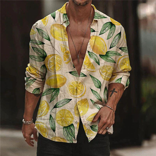 Herren Sommerhemd | Zitronenprint | Leicht | Kurzarm | Luftig | Freizeit Outfit-S-Luzern Mode