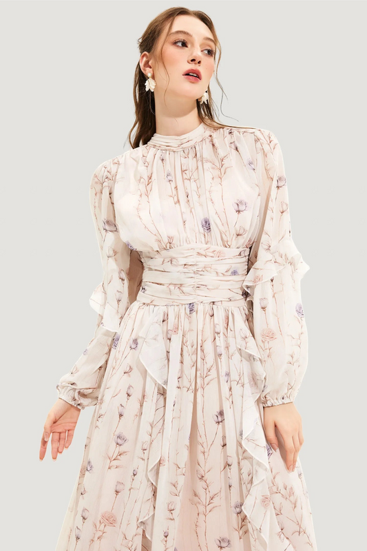 Sommerkleid Damen | Blumenmuster | Faltenrock | Luftig | Figurbetont | Allday-Beige-S-Luzern Mode