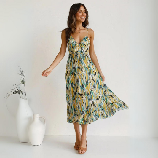 Sommerkleid Damen Rückenfrei | Auffälliger Druck | Leicht bequem | V-Ausschnitt-Gelb-S-Luzern Mode