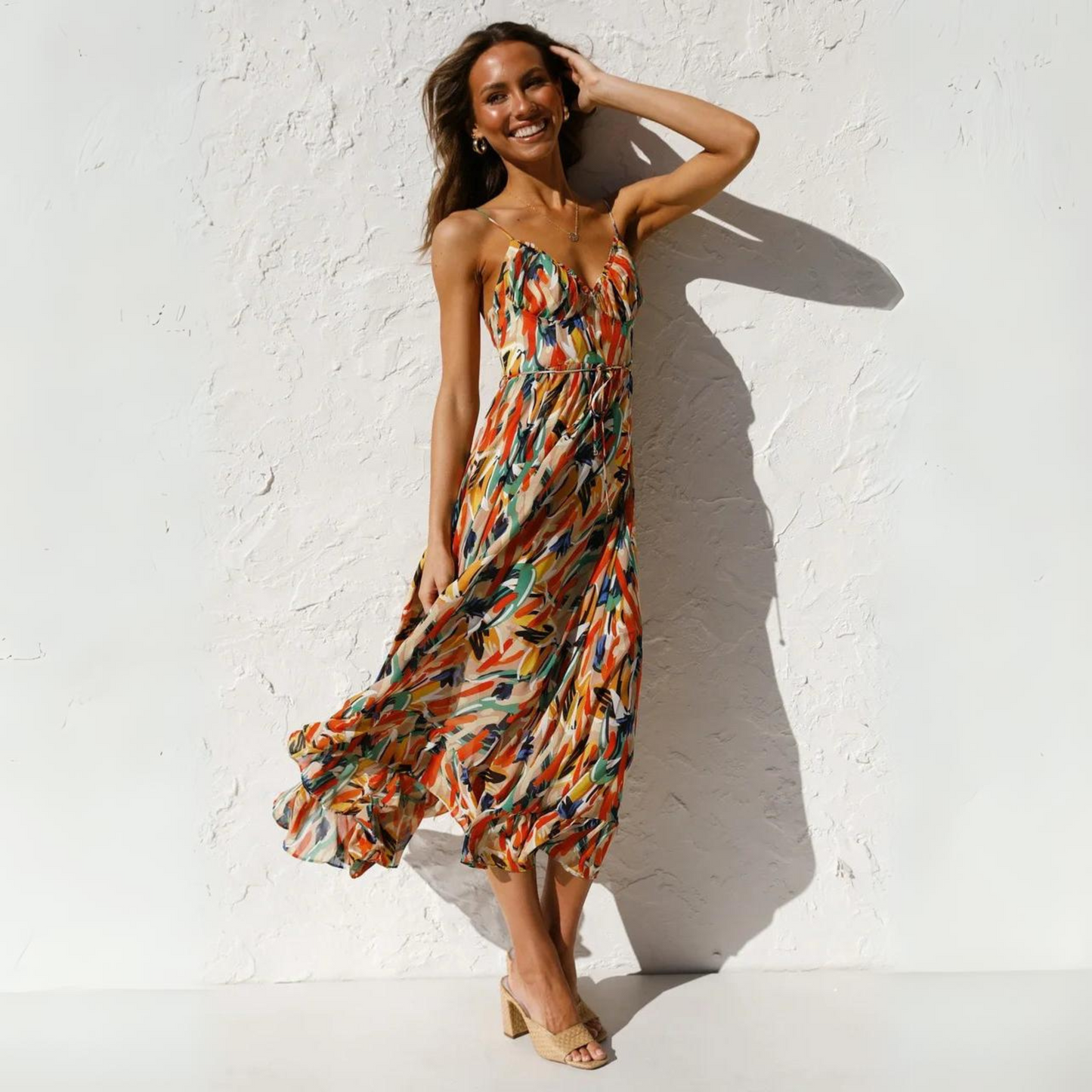 Sommerkleid Damen Rückenfrei | Auffälliger Druck | Leicht bequem | V-Ausschnitt-Orange-S-Luzern Mode