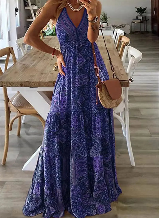 Boho-Maxikleid | Blumenprint | Ärmellos | Locker | V-Ausschnitt-Blau-S-Luzern Mode