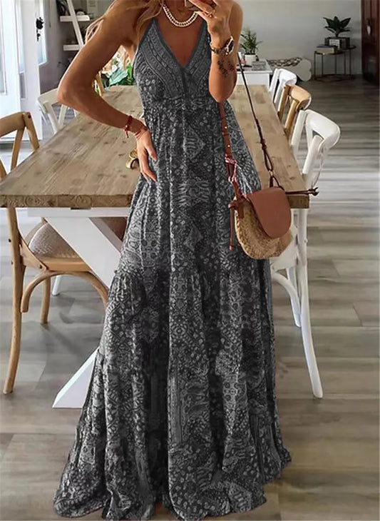 Boho-Maxikleid | Blumenprint | Ärmellos | Locker | V-Ausschnitt-Grau-S-Luzern Mode