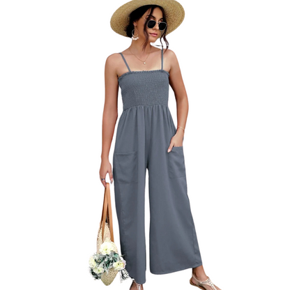 Damen Jumpsuit Sommer | Spaghettiträger | Vintage Look | Luftig bequem & stylisch-Grau-S-Luzern Mode