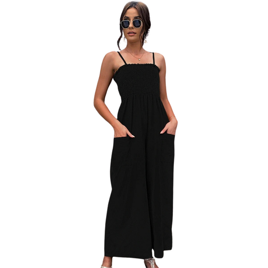 Damen Jumpsuit Sommer | Spaghettiträger | Vintage Look | Luftig bequem & stylisch-Schwarz-S-Luzern Mode