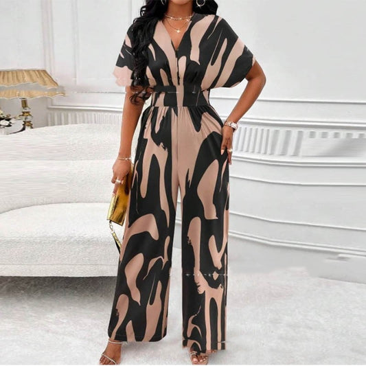 Damen Jumpsuit | V-Ausschnitt | Print | Kurzarm | Baumwolle | Luftig-Khaki Schwarz-S-Luzern Mode