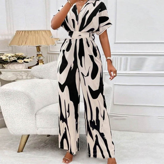 Damen Jumpsuit | V-Ausschnitt | Print | Kurzarm | Baumwolle | Luftig-Weiß Schwarz-S-Luzern Mode