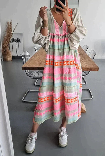 Maxikleid | Farbverlauf | Lockere Schnitt | Lange Ärmel | V-Ausschnitt-S-Luzern Mode