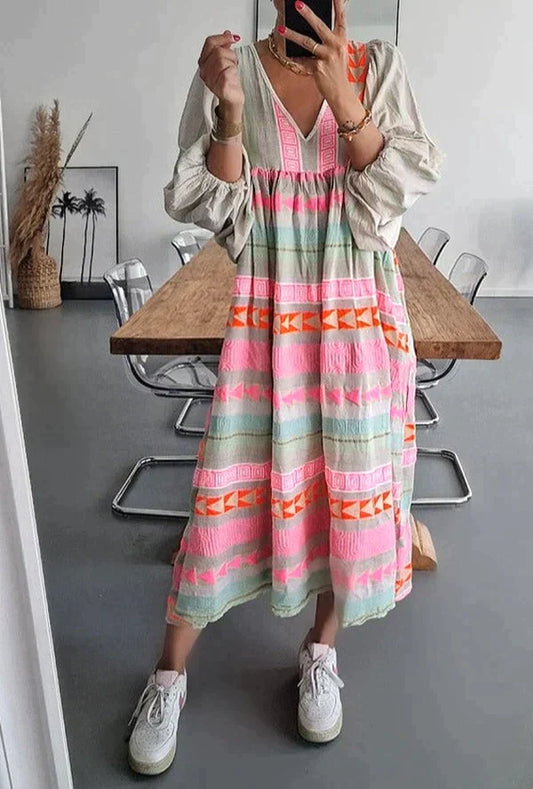 Maxikleid | Farbverlauf | Lockere Schnitt | Lange Ärmel | V-Ausschnitt-S-Luzern Mode