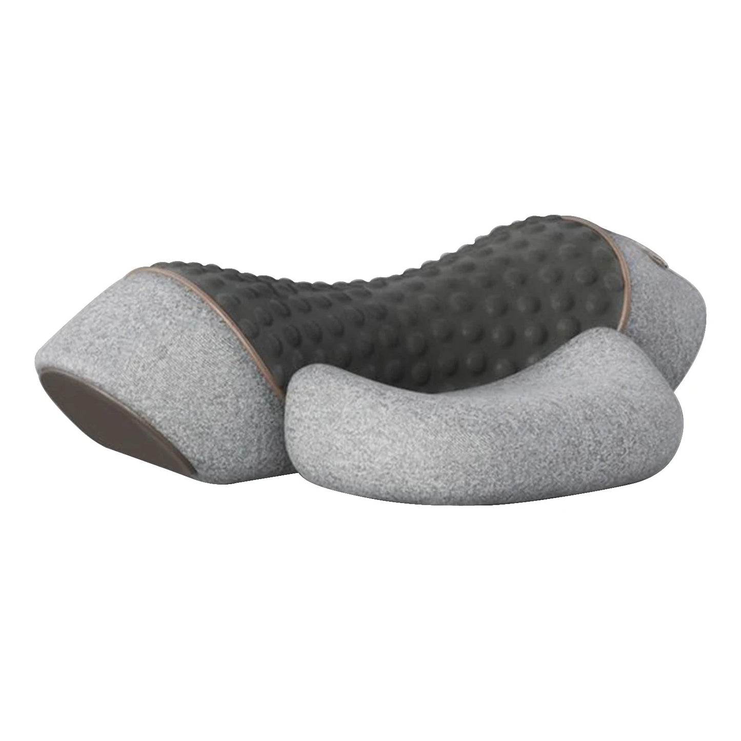 Graues ergonomisches Nackenkissen, Memory-Schaum, Massagefunktion, ideal für Reisen.