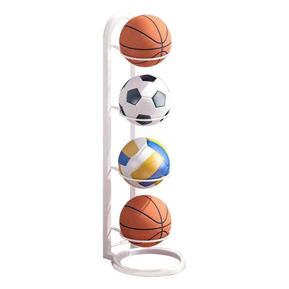 Weißes vertikales Sportballregal mit Basketball, Fußball, Volleyball, ideal für Garage.