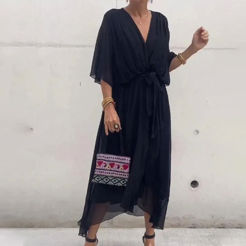 Losfallende Maxi-Kleid mit V-Ausschnitt – Elara