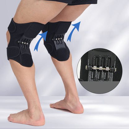 Schwarze Kniebandage mit Federunterstützung für Sport und Gelenkschutz.
