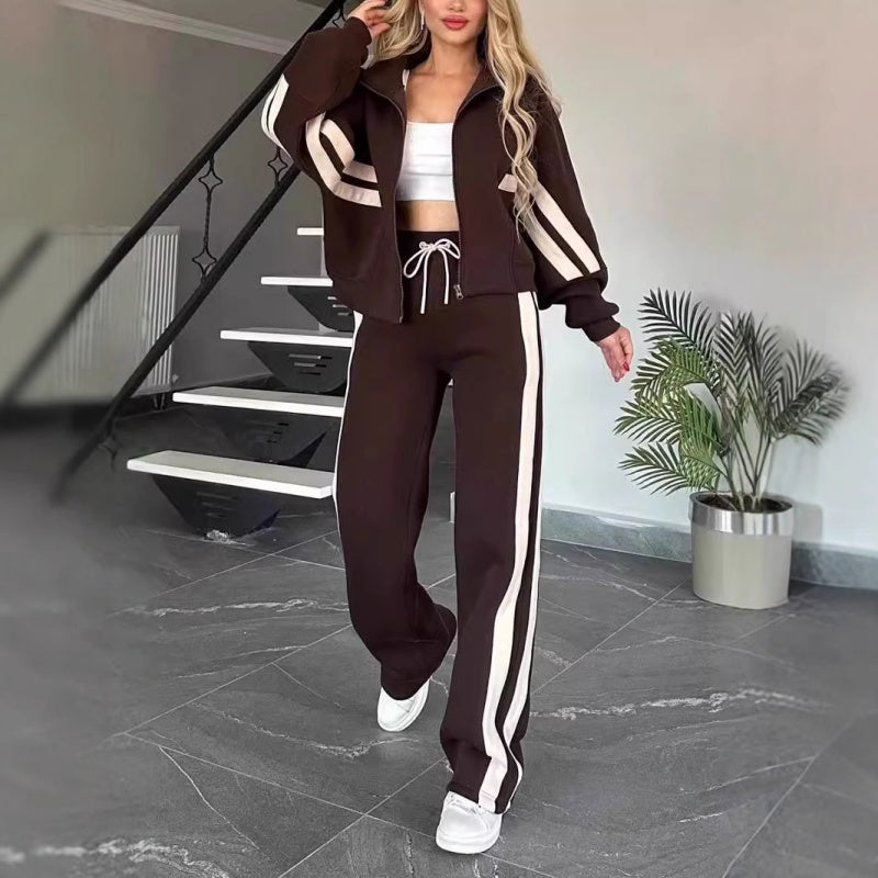 Women's Zip-Up Jacket and Wide-Leg Pants Lounge Set with Contrast Stripes 8