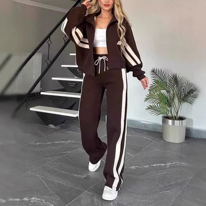 Women's Zip-Up Jacket and Wide-Leg Pants Lounge Set with Contrast Stripes 8