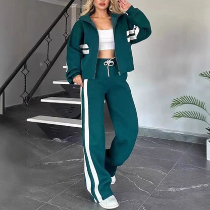 Women's Zip-Up Jacket and Wide-Leg Pants Lounge Set with Contrast Stripes 5