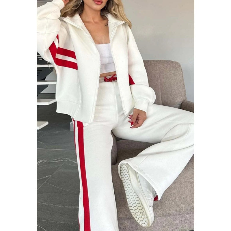 Women's Zip-Up Jacket and Wide-Leg Pants Lounge Set with Contrast Stripes 2