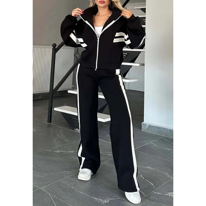 Women's Zip-Up Jacket and Wide-Leg Pants Lounge Set with Contrast Stripes 3