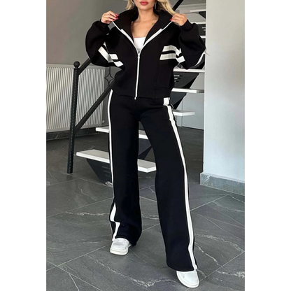 Women's Zip-Up Jacket and Wide-Leg Pants Lounge Set with Contrast Stripes 3