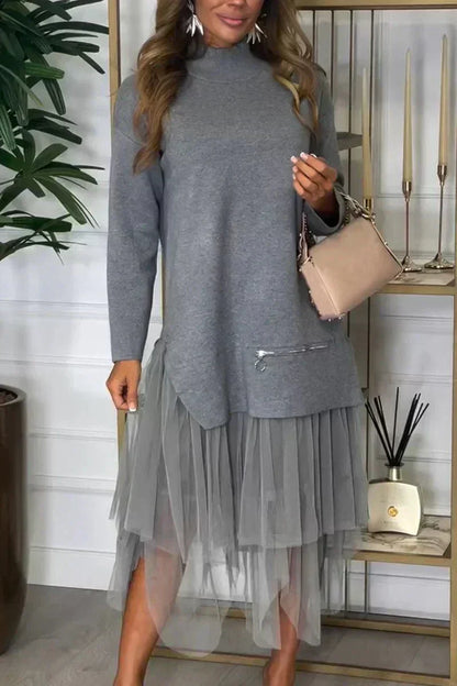 Lässiges Kleid mit langen Ärmeln und Mesh-Rock – Ysolde