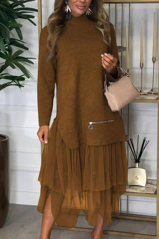 Lässiges Kleid mit langen Ärmeln und Mesh-Rock – Ysolde