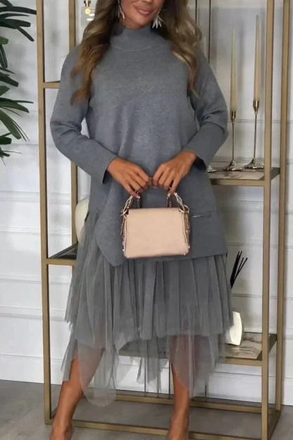 Lässiges Kleid mit langen Ärmeln und Mesh-Rock – Ysolde
