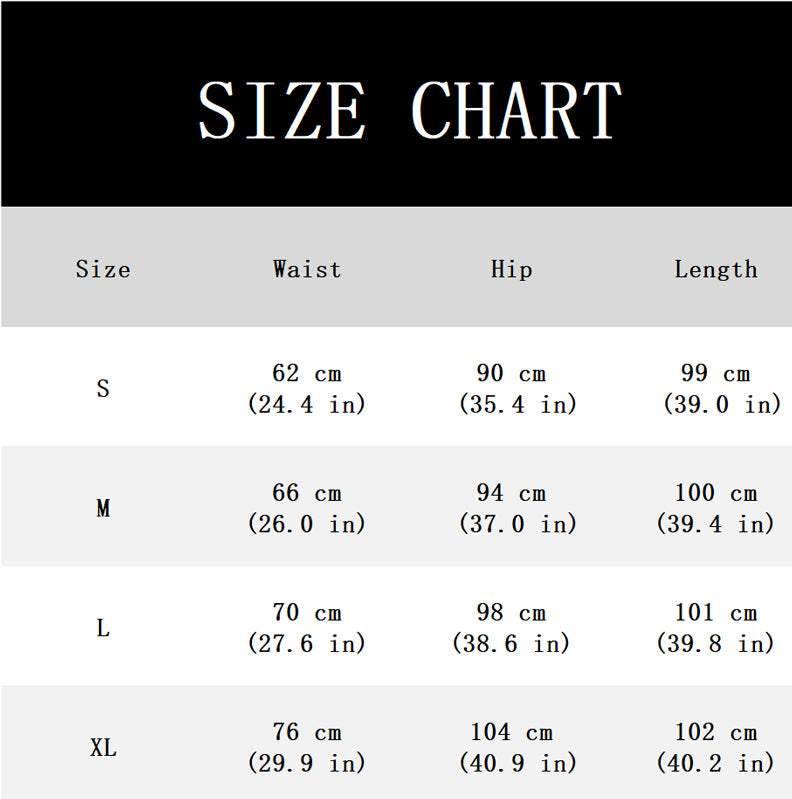 Größentabelle mit Maßen für Taille, Hüfte und Länge in den Größen S bis XL, in Zentimetern und Zoll. 11