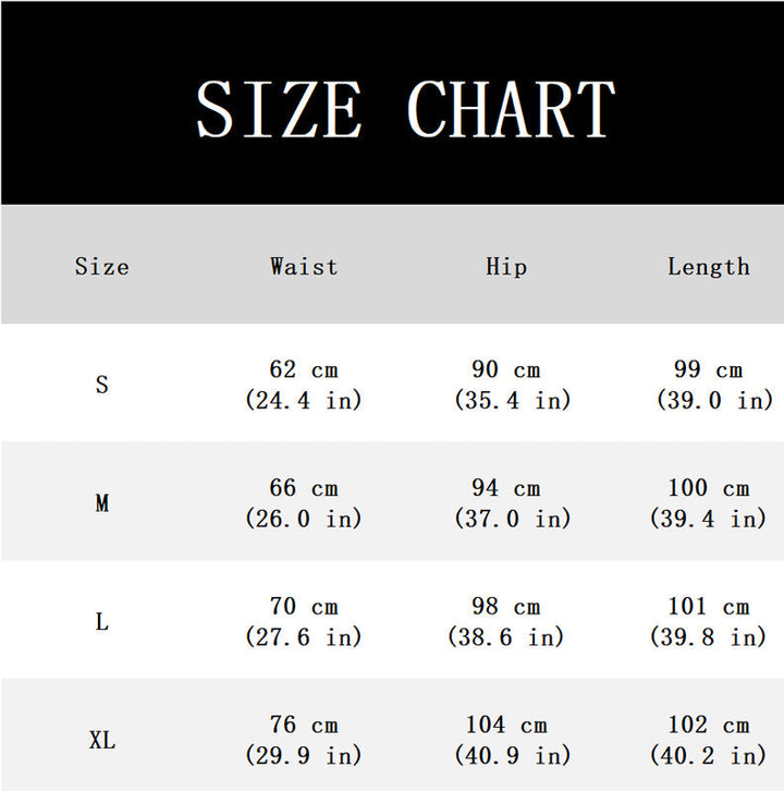 Größentabelle mit Maßen für Taille, Hüfte und Länge in den Größen S bis XL, in Zentimetern und Zoll. 11
