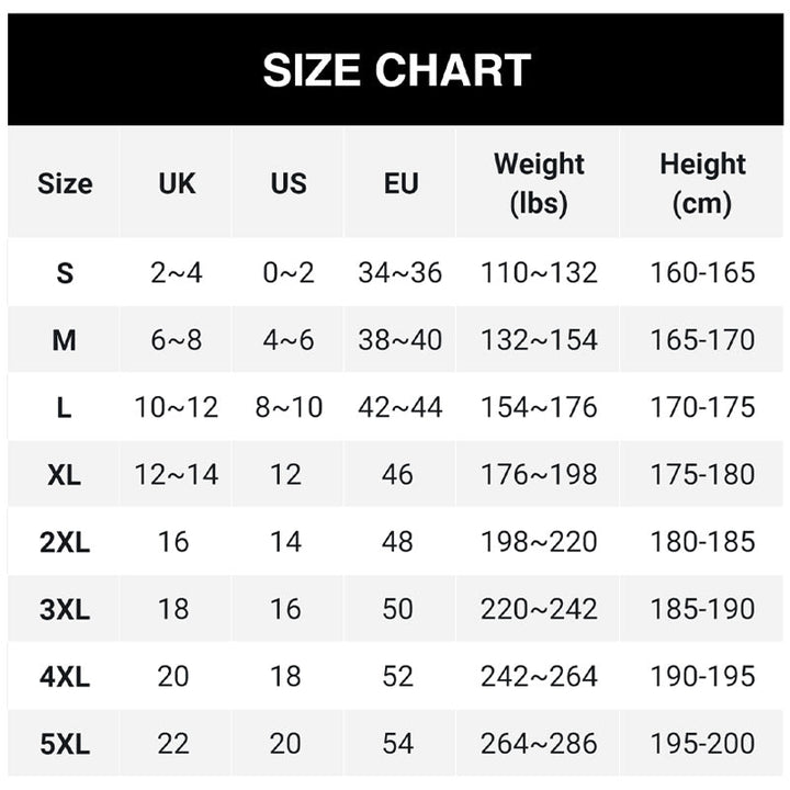Größentabelle mit UK-, US- und EU-Größen sowie Gewichts- und Körpergrößenangaben von S bis 5XL. 12