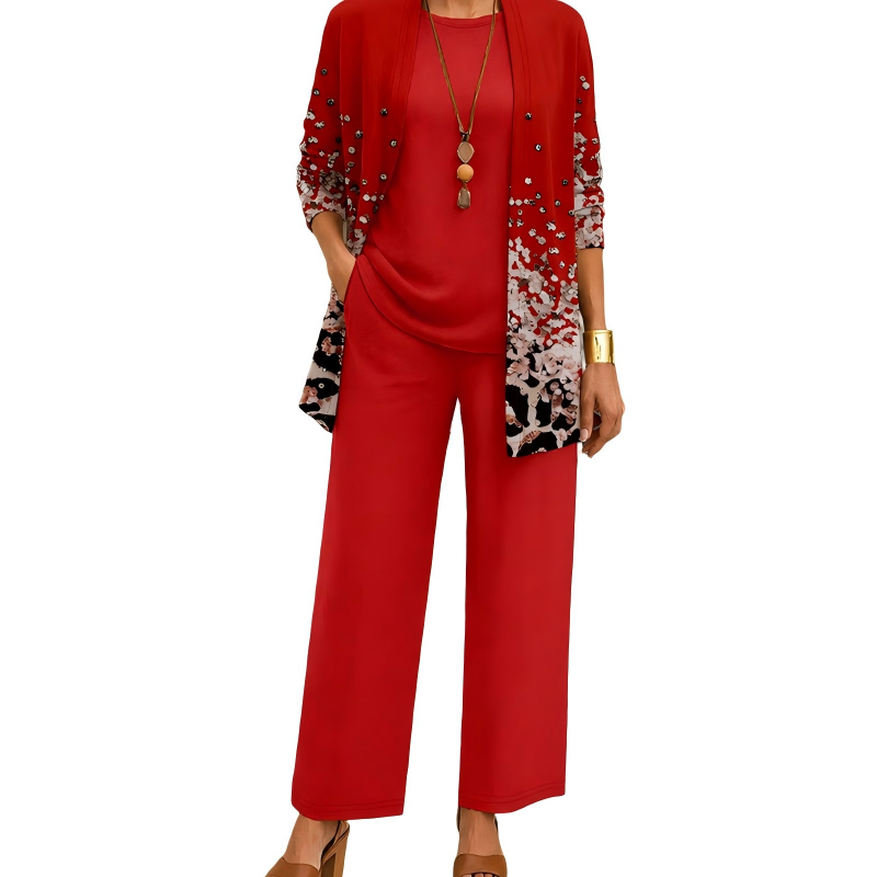 Set in Rot mit Cardigan, dessen Verlauf aus hellem Muster und Leopardenoptik zum Saum hin zunimmt, dazu Shirt und weite Hose. 5
