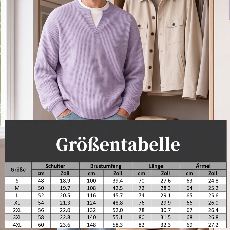 Model im fliederfarbenen Waffelstrick-Oberteil vor einer Garderobe mit Jacken; darunter eine Größentabelle mit Schulter, Brustumfang, Länge und Ärmel. 8