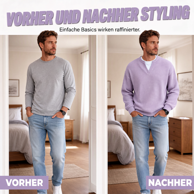 Vorher-nachher-Vergleich: links ein schlichtes graues Langarmshirt, rechts dasselbe Outfit mit fliederfarbenem Waffelstrick-Oberteil und weißem Shirt darunter. 2