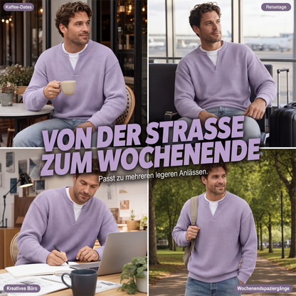 Collage aus vier Szenen: Mann im fliederfarbenen Oberteil im Café, am Flughafen, am Laptop im Büro und beim Spaziergang im Park. 7