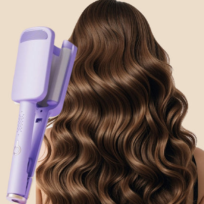 Lilafarbener Wellenstyler neben langen, glänzenden braunen Haaren mit gleichmäßigen Wellen, Rückansicht 6