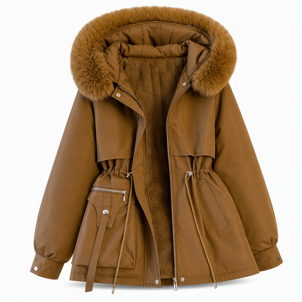Dunkelbrauner Parka mit brauner Fellkapuze und Fleecefutter, offen, mit Taillenzug und Tasche, freigestellt auf weißem 11