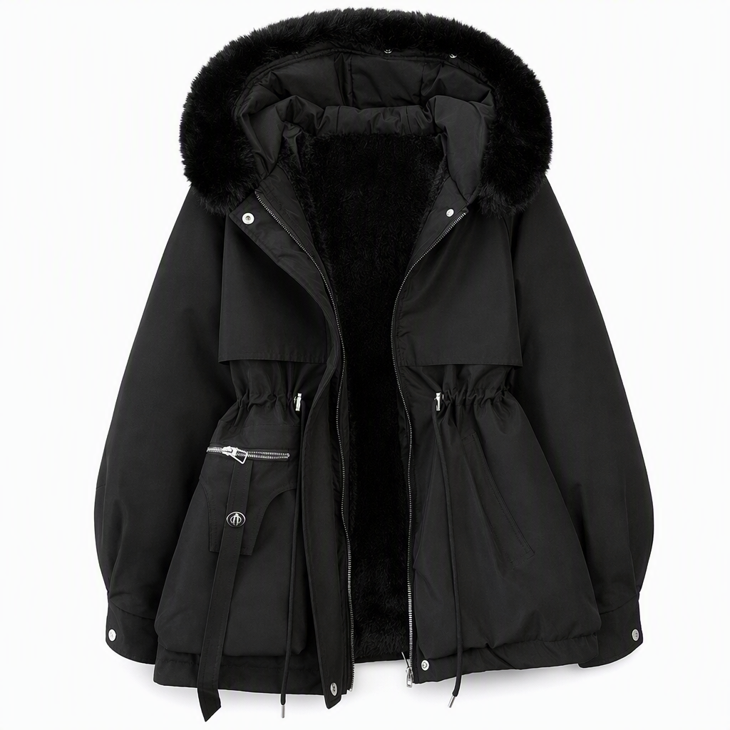 Schwarzer Parka mit Fellkapuze und schwarzem Fleecefutter, offen, Taillenkordel und Seitentasche, freigestellt auf weißem 9