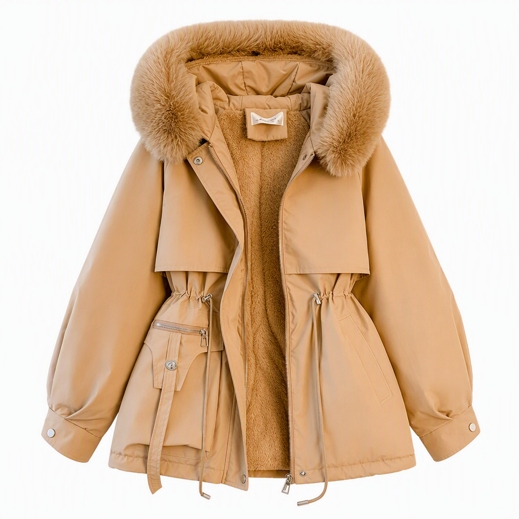 Camelfarbener Parka mit Fellkapuze, offenem Reißverschluss und flauschigem Futter, Taillenkordel und Pattentasche 10