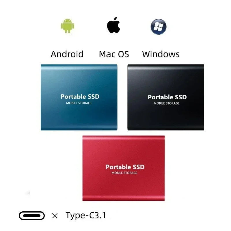 Drei flache SSD-Gehäuse in Blau, Schwarz und Rot nebeneinander, darüber Symbole für Android, Mac und Windows. 2