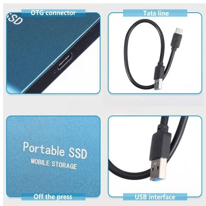 Vier Detailbilder: Anschlussbuchse der blauen SSD, Verbindungskabel, Oberfläche des Gehäuses und USB-A-Stecker. 5