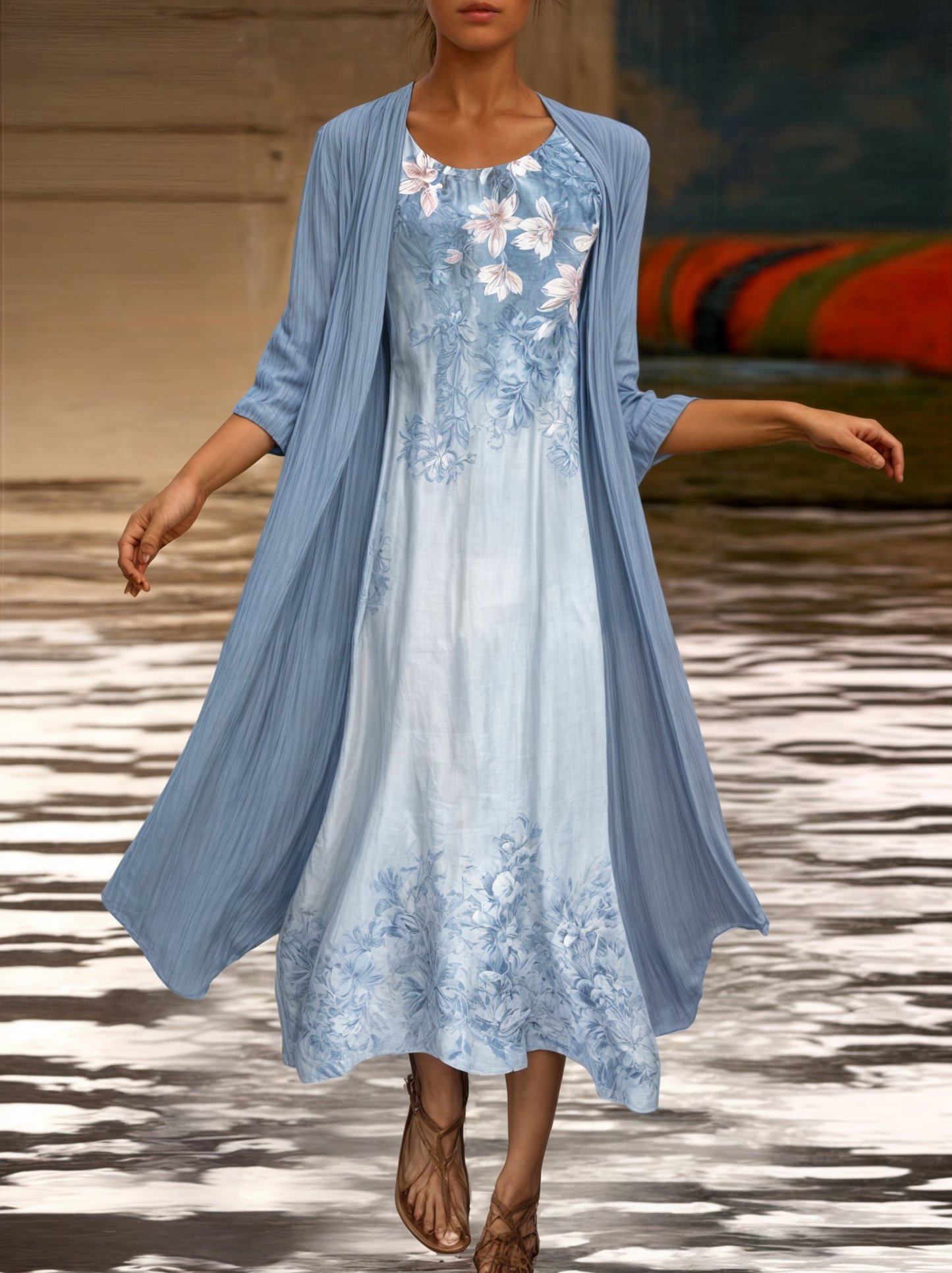 A-Linien Kleid Damen | Blumenprint | ärmellos | Chiffon | mit Weste | knielang-Blauwestar-M-Luzern Mode