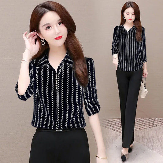 Chiffon Bluse Damen | Umlegekragen | halbe Ärmel | Knopfleiste | locker | knitterfrei-Schwarz-L-Luzern Mode