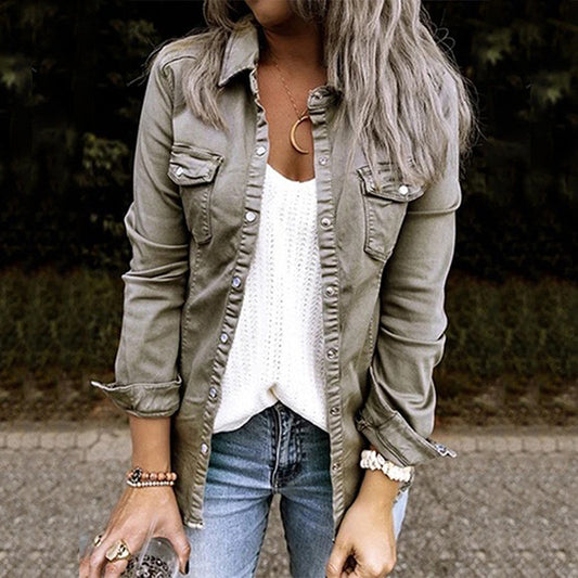 Damen Jeansjacke | Taschen | Baumwolle | Langarm | Knopfleiste -Grau-S-Luzern Mode