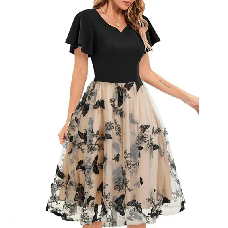 Midikleid Damen Schwarz | Mesh mit Stickerei | Party | Sommer | A-Linie-S-Luzern Mode