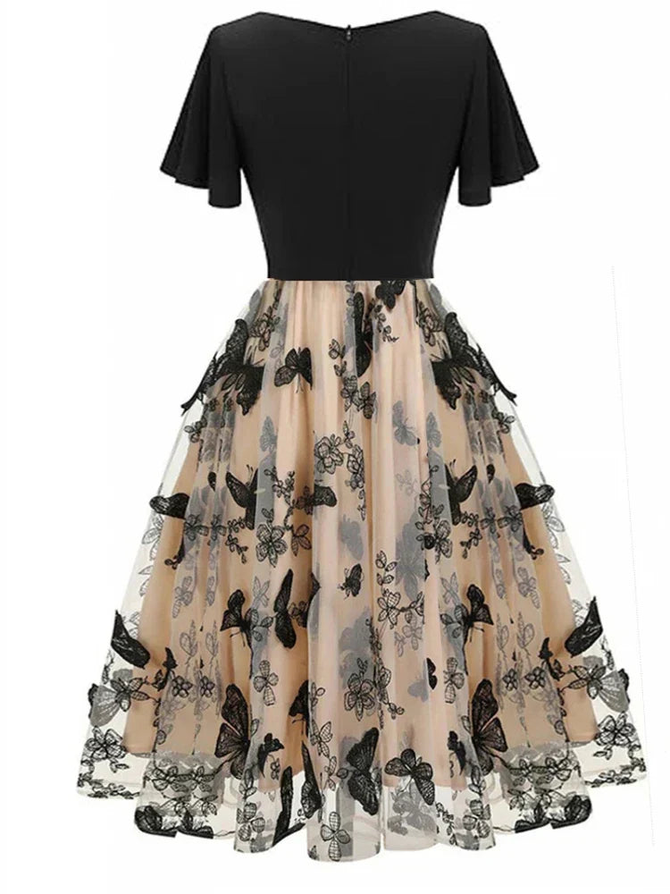 Midikleid Damen Schwarz | Mesh mit Stickerei | Party | Sommer | A-Linie-Luzern Mode