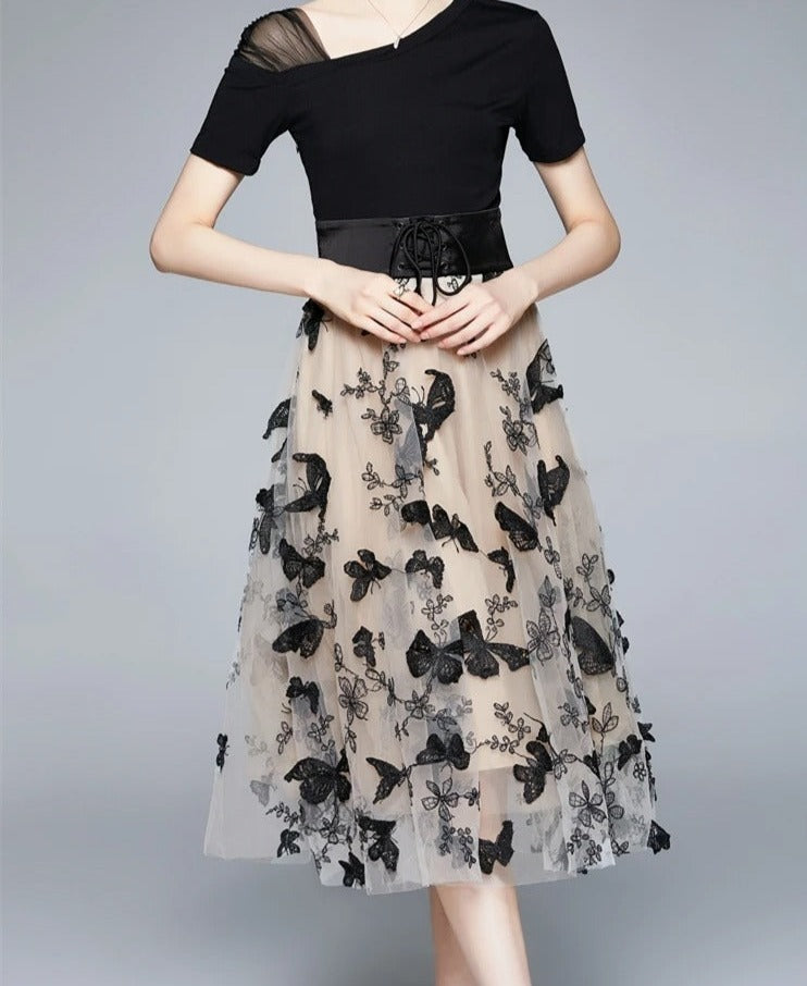 Midikleid Damen Schwarz | Mesh mit Stickerei | Party | Sommer | A-Linie-Luzern Mode