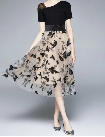 Midikleid Damen Schwarz | Mesh mit Stickerei | Party | Sommer | A-Linie-Luzern Mode