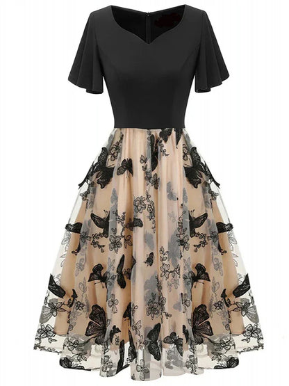 Midikleid Damen Schwarz | Mesh mit Stickerei | Party | Sommer | A-Linie-Luzern Mode
